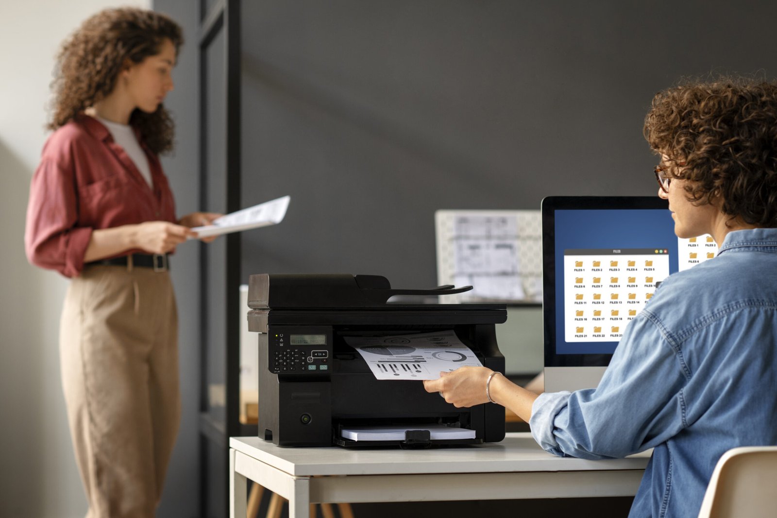 Woman using a refurbished printer in a modern office workspace